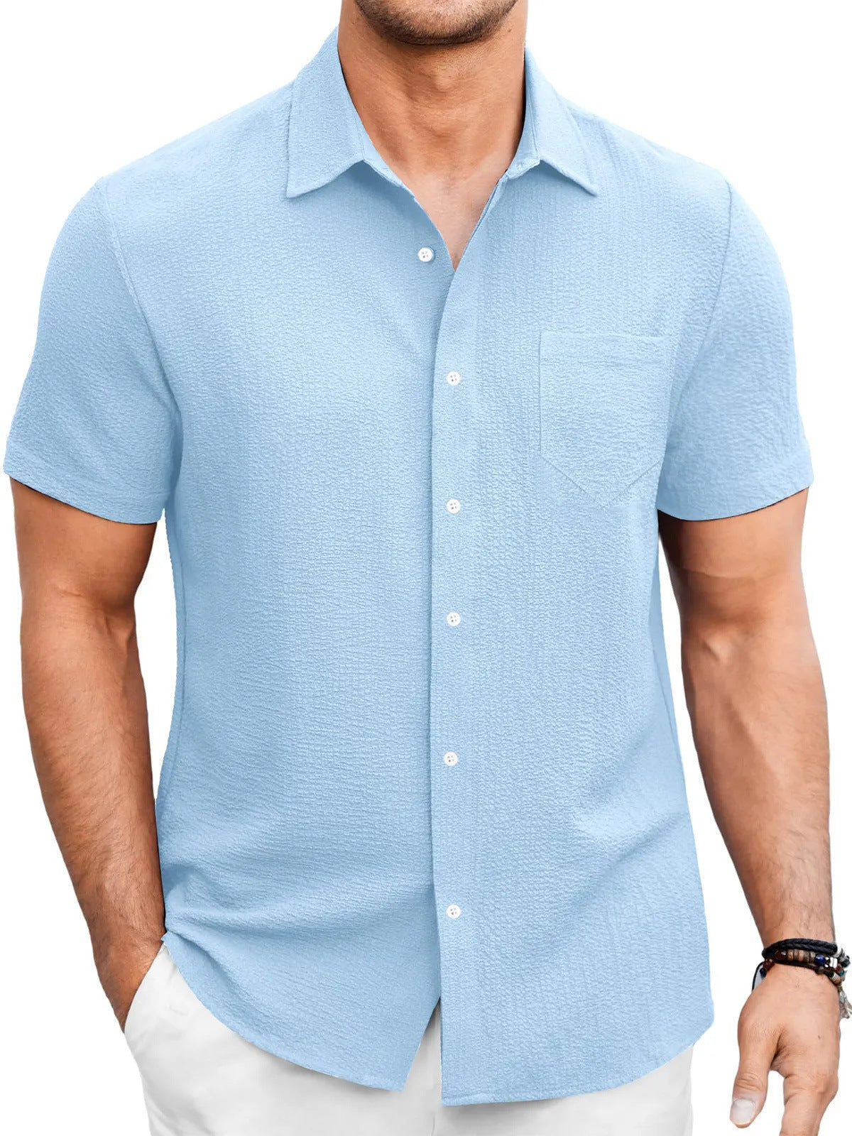 Men's Summer Solid Color Bubble Wrinkle Simple And Comfortable Daily Short Sleeve Shirt - P Rubi's 