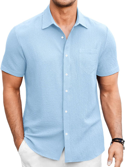 Men's Summer Solid Color Bubble Wrinkle Simple And Comfortable Daily Short Sleeve Shirt - P Rubi's 