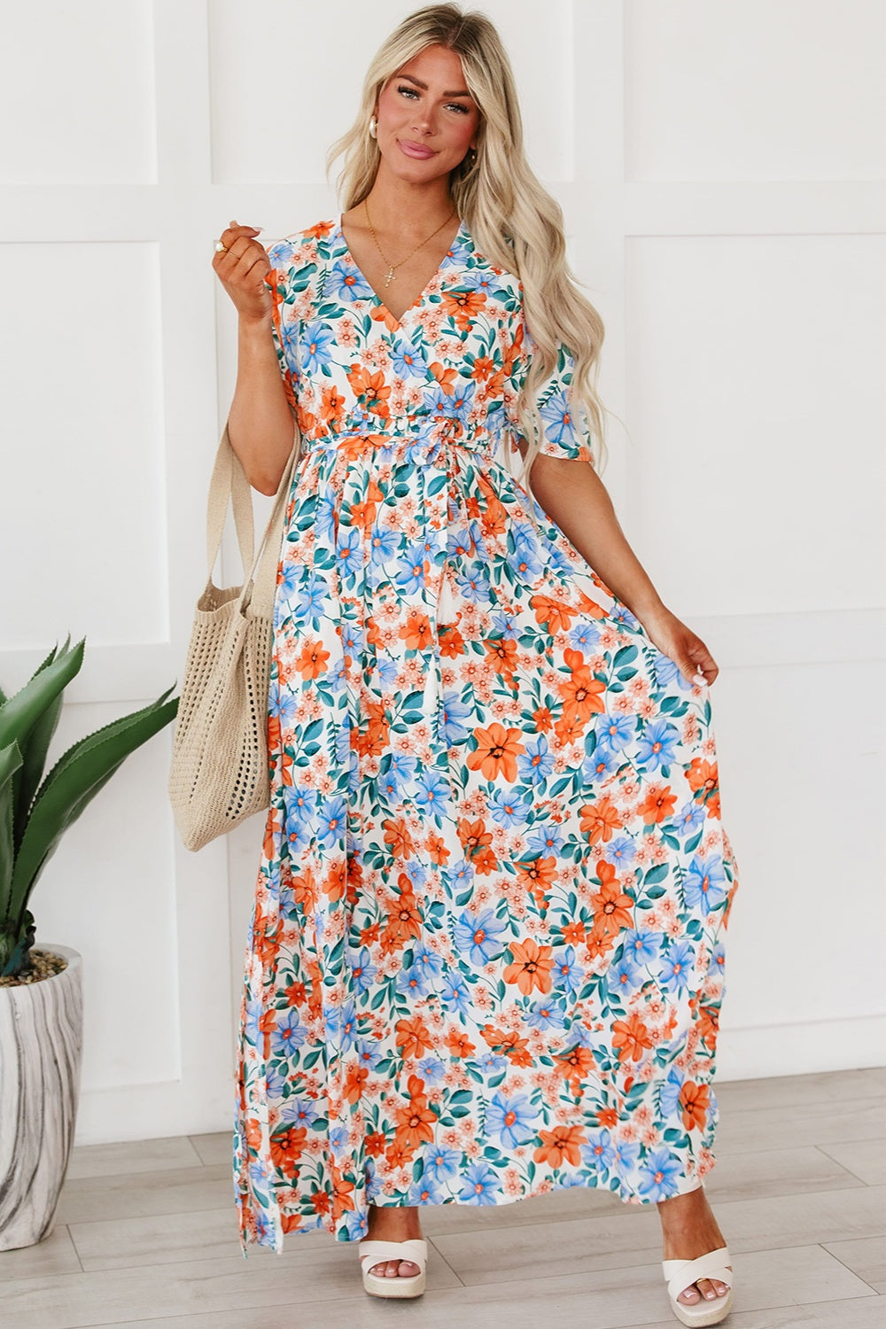 Tied Slit Printed Half Sleeve Maxi Dress - P Rubi's 