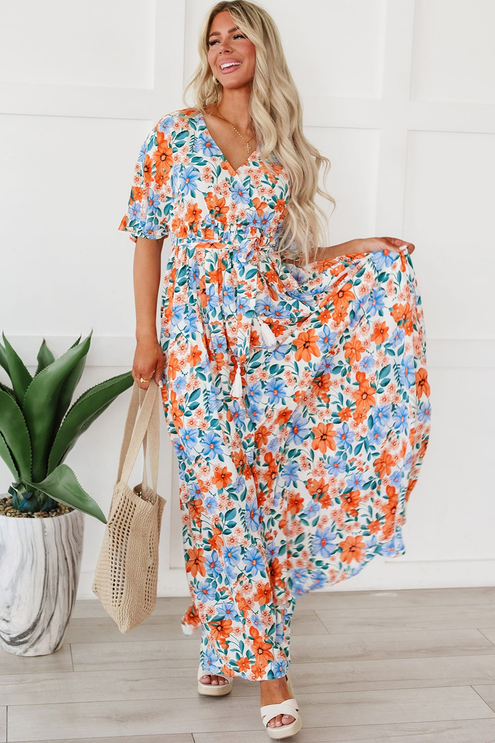 Tied Slit Printed Half Sleeve Maxi Dress - P Rubi's 