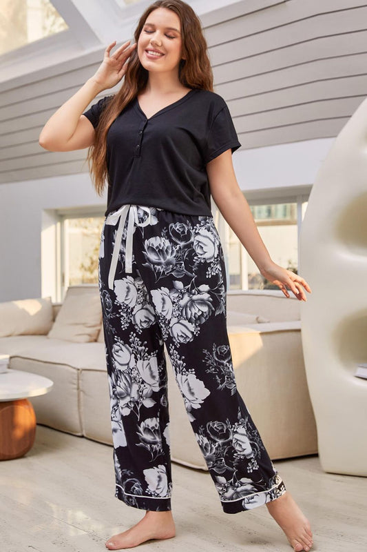 Full Size V-Neck Top and Floral Pants Lounge Set - P Rubi's 