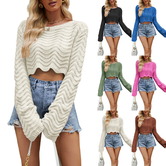 Acrylic Women's Sweater Solid Color Hollow Wave Pattern Short - P Rubi's 