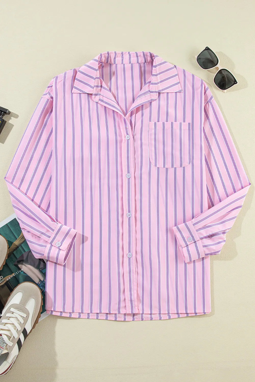 Striped Collared Neck Long Sleeve Shirt - P Rubi's 