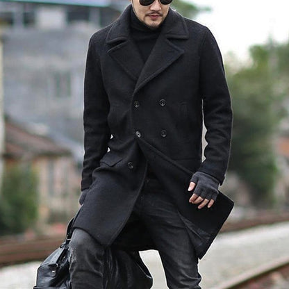 Double-breasted mid-length men's lapel woolen trench coat