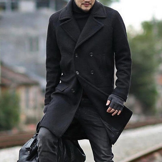 Double-breasted mid-length men's lapel woolen trench coat