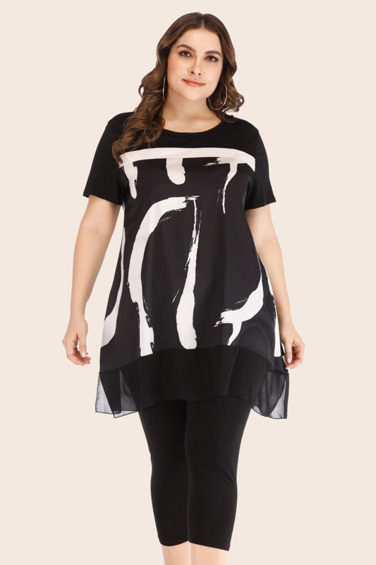 Plus Size Contrast Spliced Mesh T-Shirt and Cropped Leggings Set - P Rubi's 