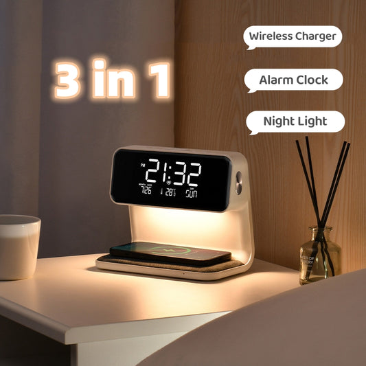 Creative 3 In 1 Bedside Lamp Wireless Charging LCD Screen Alarm Clock  Wireless Phone Charger - P Rubi's 