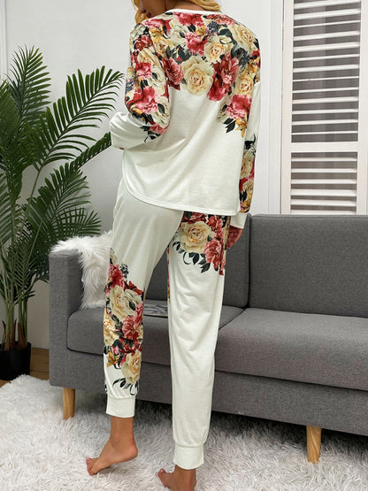 Printed Round Neck Top and Pants Lounge Set - P Rubi's 