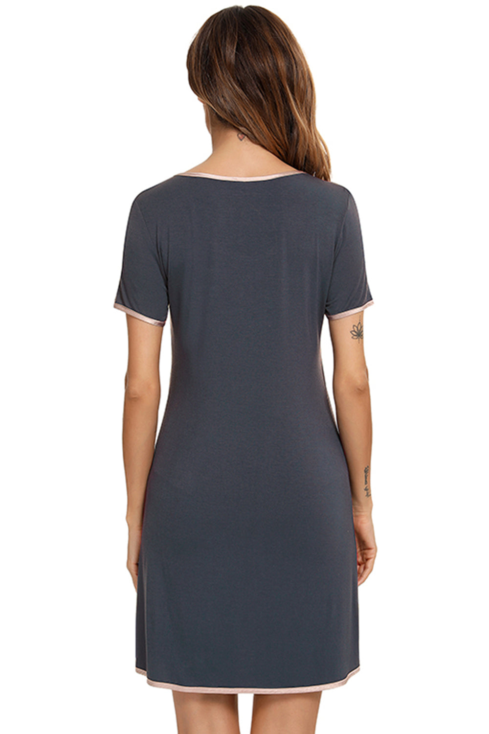 Contrast Trim Pocketed Round Neck Lounge Dress - P Rubi's 