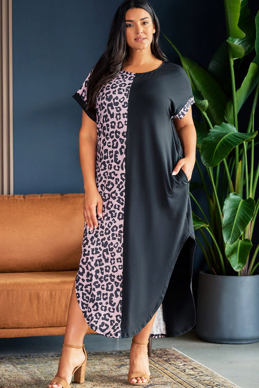 Plus Size Contrast Leopard Short Sleeve Midi Dress - P Rubi's 