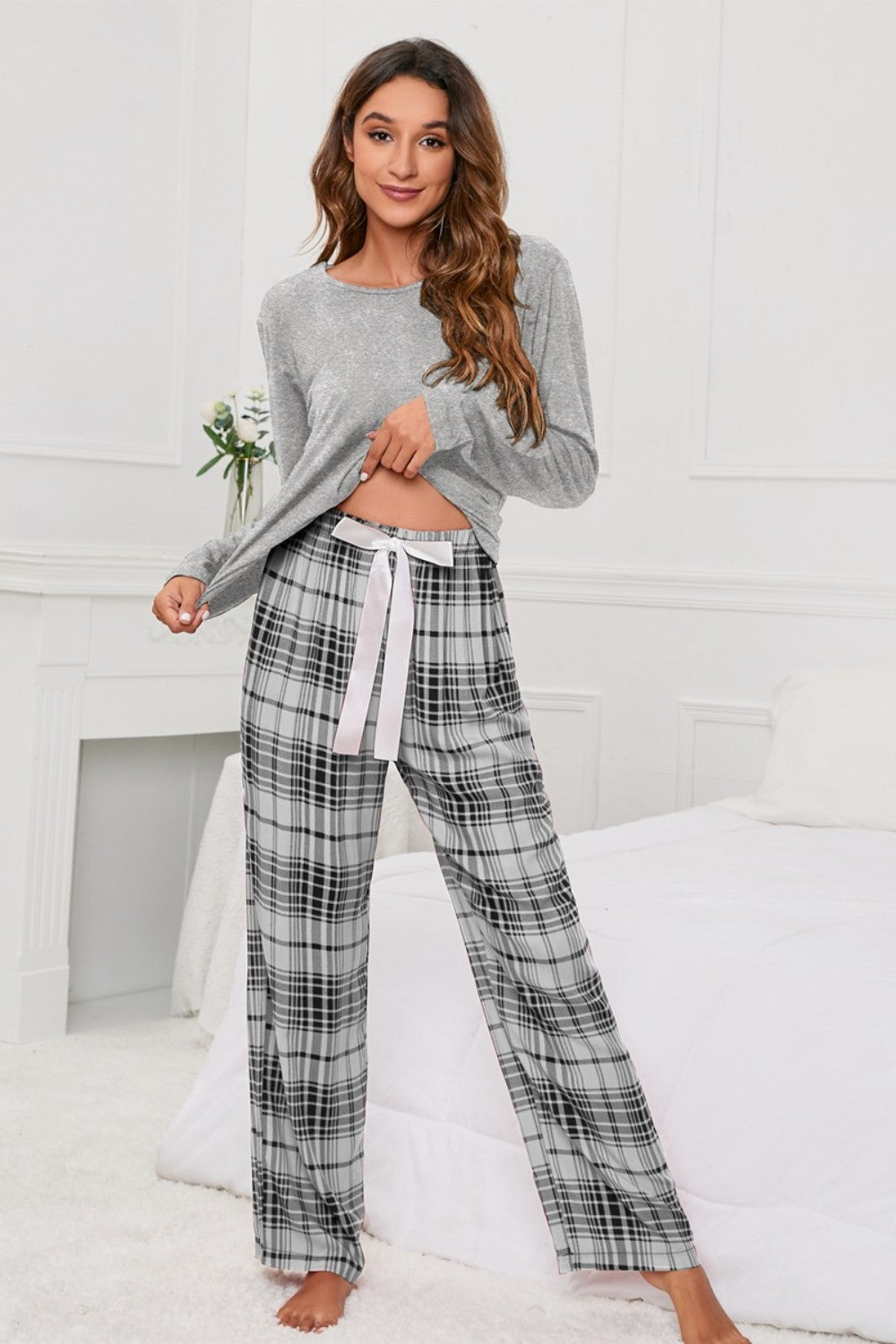 Round Neck Long Sleeve Top and Bow Plaid Pants Lounge Set - P Rubi's 