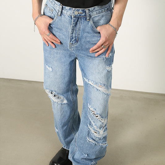 Washed Blue With Holes Straight Jeans For Men - P Rubi's 