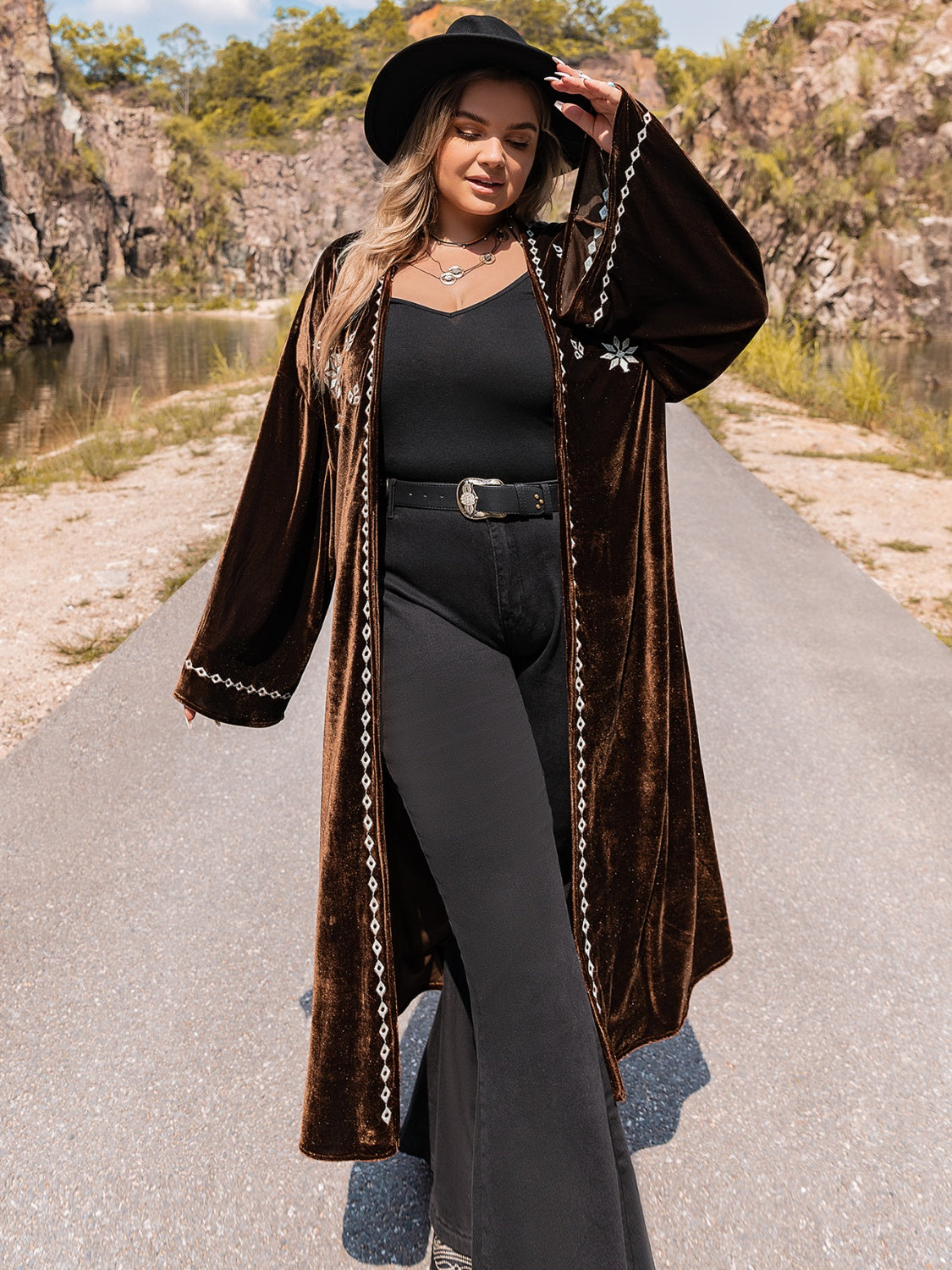 Plus Size Embroidery Open Front Long Sleeve Cardigan - P Rubi's 