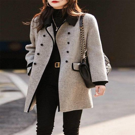 Casual Contrast Color Peter Pan Collar Reversible Woolen Coat - P Rubi's 