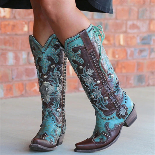 Women's Pointed Thick Heel Embroidered Printed Lace-up Mid-tube Boots - P Rubi's 