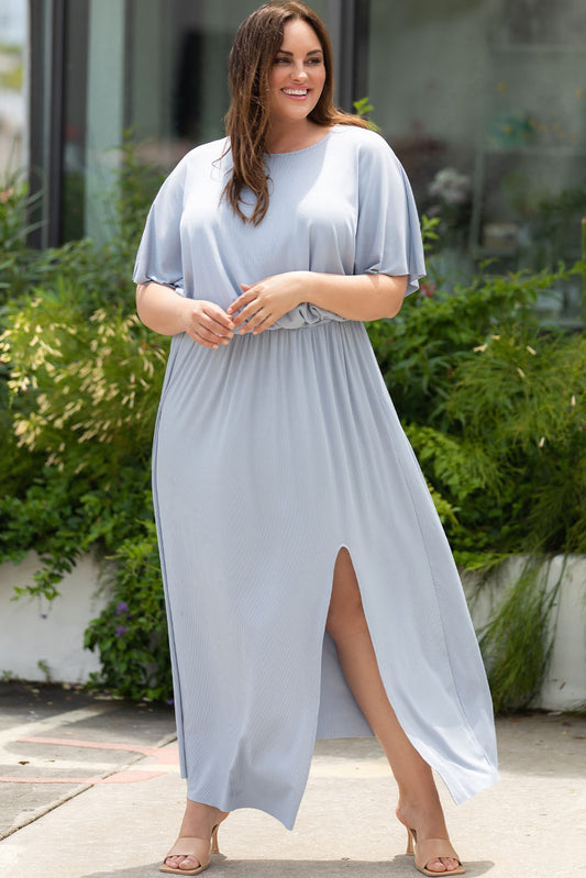 Plus Size Round Neck Split Flutter Sleeve Maxi Dress - P Rubi's 