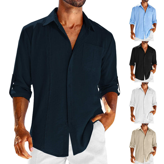 Casual  Long Sleeve Shirt With Pocket Lace Polo Collar Solid Color Button Mens Clothing - P Rubi's 