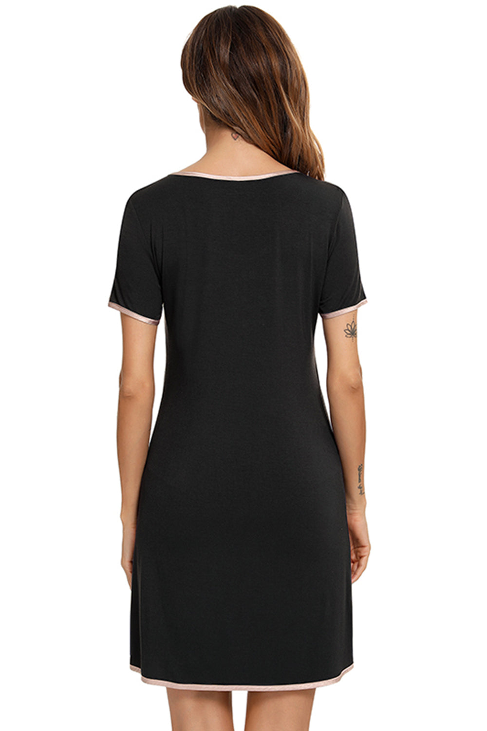 Contrast Trim Pocketed Round Neck Lounge Dress - P Rubi's 