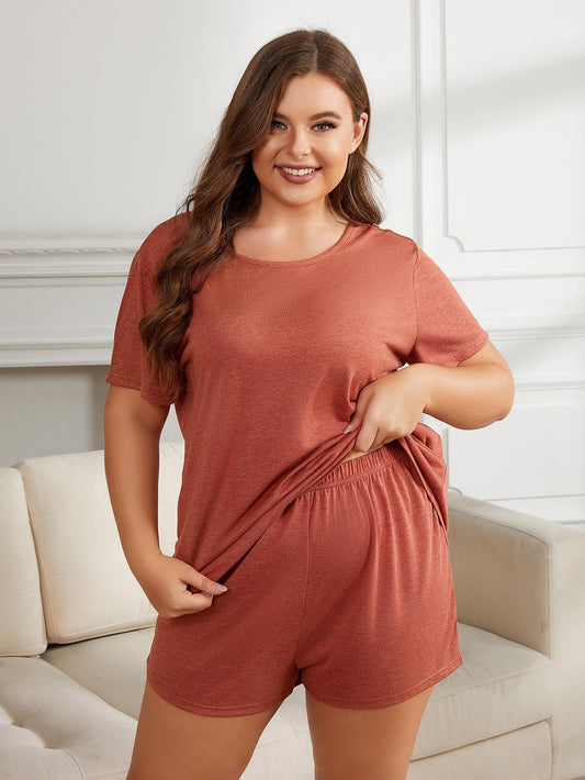 Plus Size Round Neck Short Sleeve Two-Piece Loungewear Set - P Rubi's 