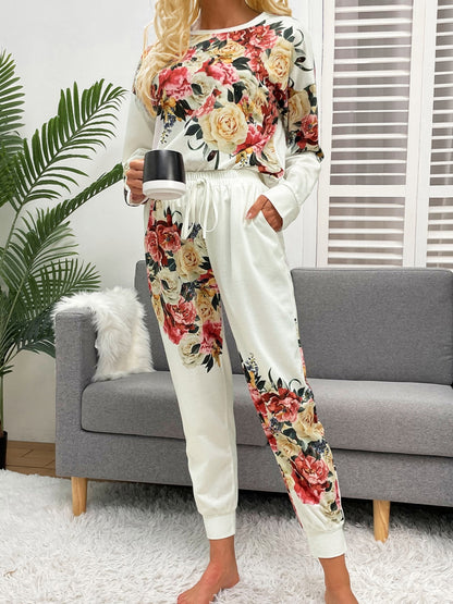 Printed Round Neck Top and Pants Lounge Set - P Rubi's 