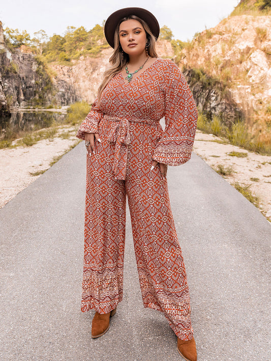 Plus Size Printed V-Neck Tie Front Balloon Sleeve Jumpsuit - P Rubi's 