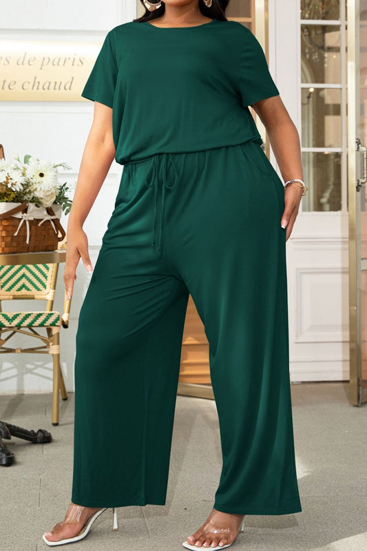 Plus Size Drawstring Waist Short Sleeve Jumpsuit - P Rubi's 