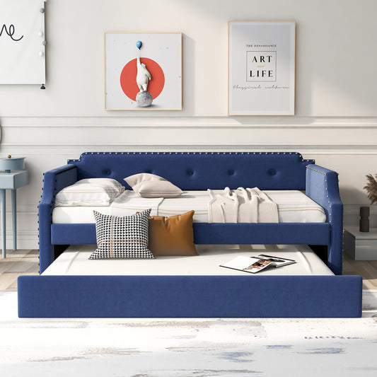 Upholstered Daybed with Trundle, Wood Slat Support,Upholstered Frame Sofa Bed Twin Blue - P Rubi's 