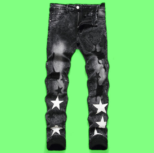 Punk Men's Jeans Hole Embroidery Five-pointed Star - P Rubi's 