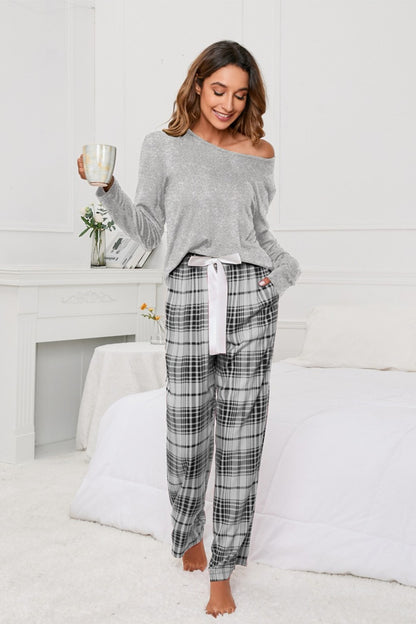 Round Neck Long Sleeve Top and Bow Plaid Pants Lounge Set - P Rubi's 