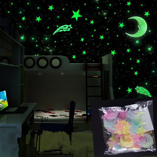 100Pcs/set Night luminous Moon Star Stickers Light Up Glow In The Dark for Baby Kids Bedroom Decor Xmas Halloween Birthday Gift - P Rubi's 