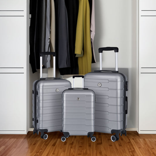 Luggage Suitcase 3 Piece Sets Hardside Carry-on luggage with Spinner Wheels 20"/24"/28" Silver+Grey + ABS - P Rubi's 