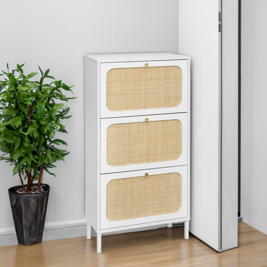 Natural Rattan 3 Door Shoe Rack, Freestanding Modern Shoe Storage Cabinet, for Entryway - P Rubi's 