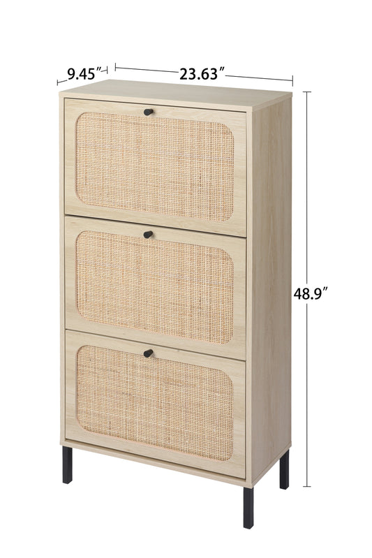 Natural Rattan 3 Door Shoe Rack, Freestanding Modern Shoe Storage Cabinet, for Entryway - P Rubi's 