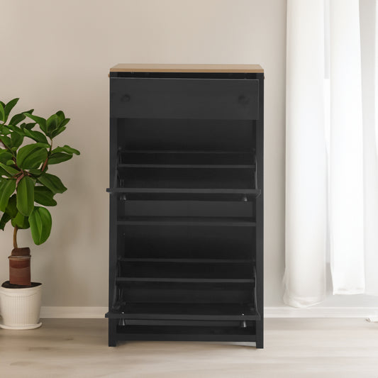 ONTREND with 2 flip drawers, top shoe cabinet with drawers, independent shoe rack with adjustable panel, for hallway use, black - P Rubi's 