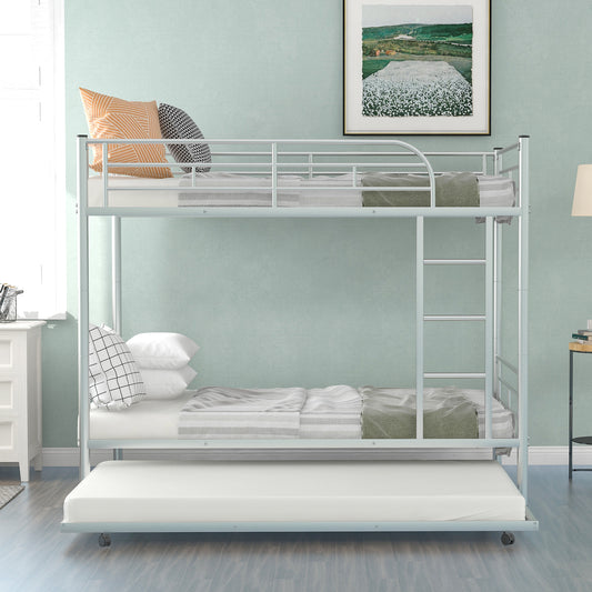 Twin-Over-Twin Metal Bunk Bed With Trundle Can be Divided into two beds No Box Spring needed White - P Rubi's 