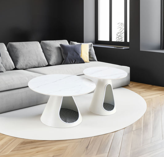 set of 2 coffee round tables with a marble-look top and steel base with 2 cat beds multifunctional and stylish entable - P Rubi's 