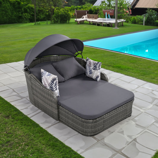 GO 79.9" Outdoor Sunbed with Adjustable Canopy, Double lounge, PE Rattan Daybed, Gray Wicker And Cushion - P Rubi's 