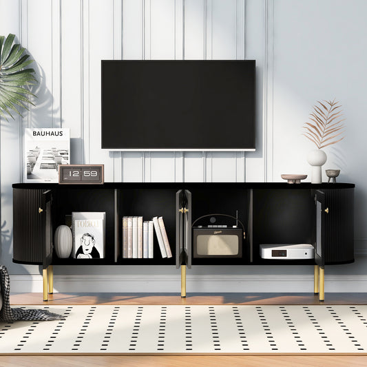 U-Can Modern TV Stand for TVs up to 80 Inches with 4 Cabinets with Metal Legs and Handles for Living room, Black - P Rubi's 