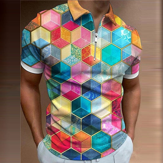 Men's Geometric Rainbow Pattern Printed Short Sleeve - P Rubi's 