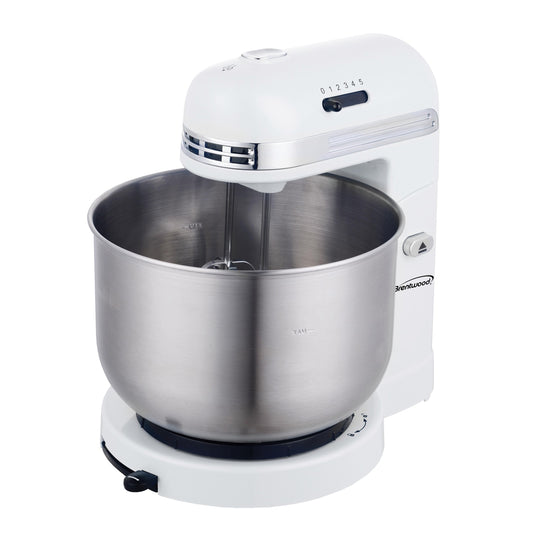 Brentwood 5 Speed Stand Mixer with 3.5 Quart Stainless Steel Mixing Bowl in White - P Rubi's 