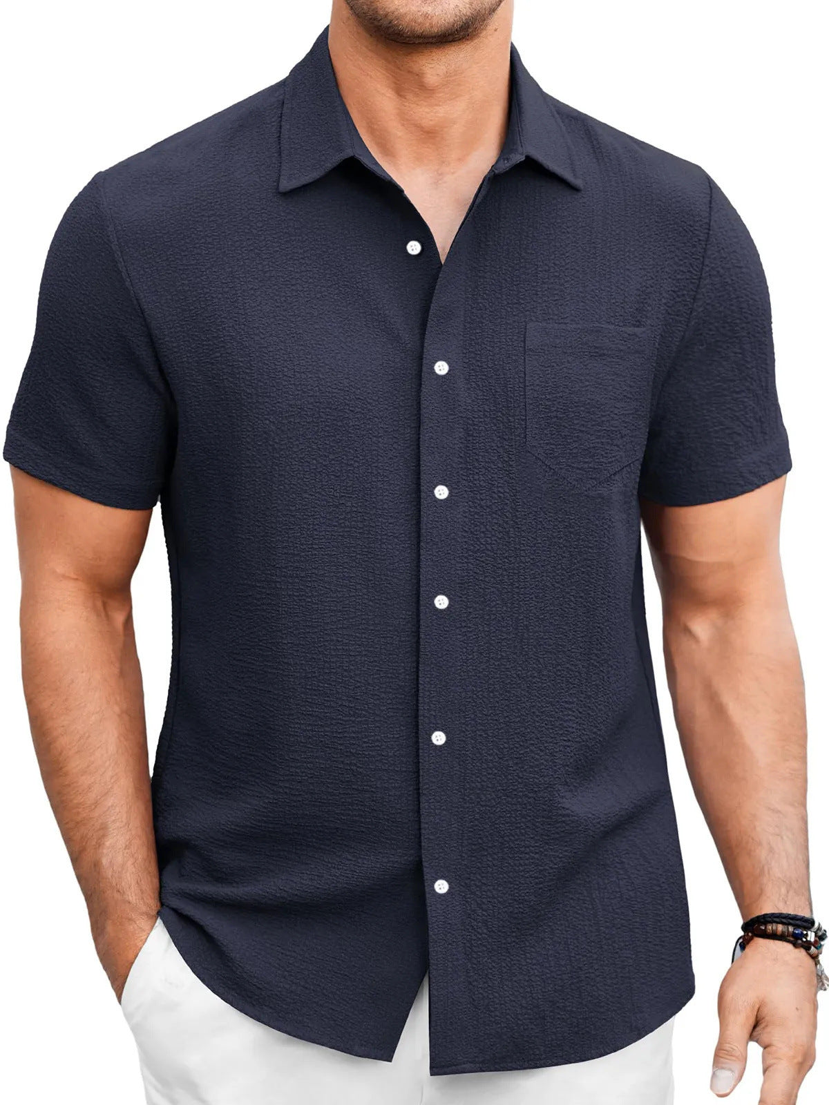 Men's Summer Solid Color Bubble Wrinkle Simple And Comfortable Daily Short Sleeve Shirt - P Rubi's 