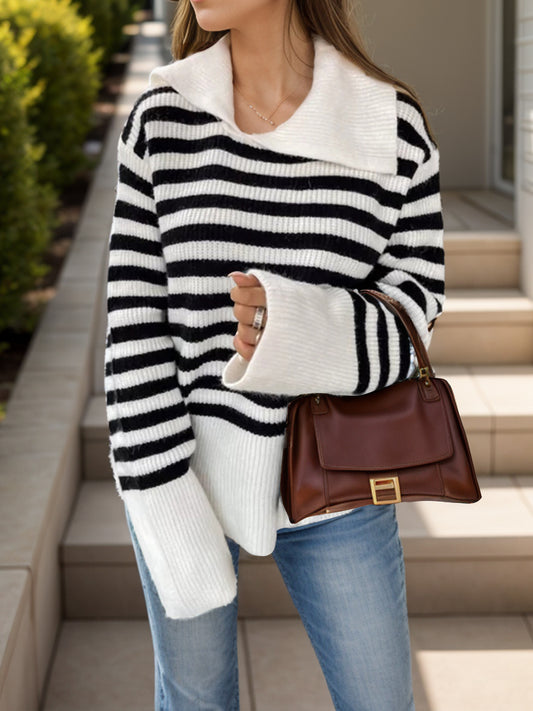 Striped Collared Neck Long Sleeve Sweater - P Rubi's 