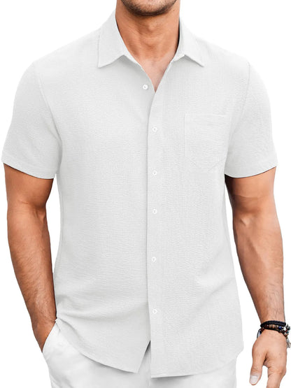 Men's Summer Solid Color Bubble Wrinkle Simple And Comfortable Daily Short Sleeve Shirt - P Rubi's 