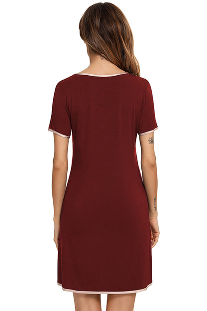 Contrast Trim Pocketed Round Neck Lounge Dress - P Rubi's 