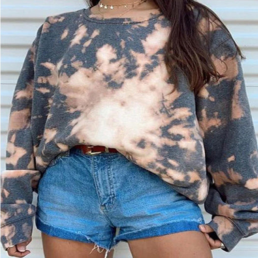 Autumn And Winter Tie-dye Casual Loose Round Neck Long Sleeve Pullover Print Women's Top - P Rubi's 