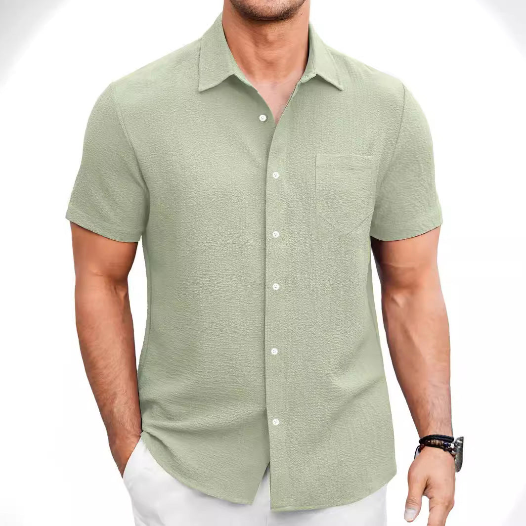 Men's Summer Solid Color Bubble Wrinkle Simple And Comfortable Daily Short Sleeve Shirt - P Rubi's 