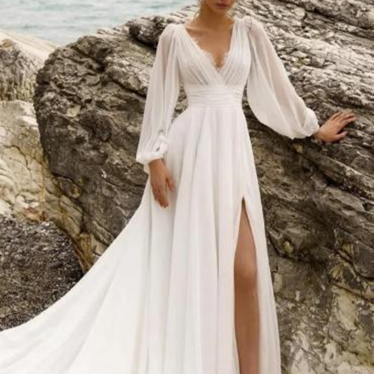 European And American High Waist Plus Size Deep V Long Sleeve Mopping Backless Wedding Dress High Slit - P Rubi's 