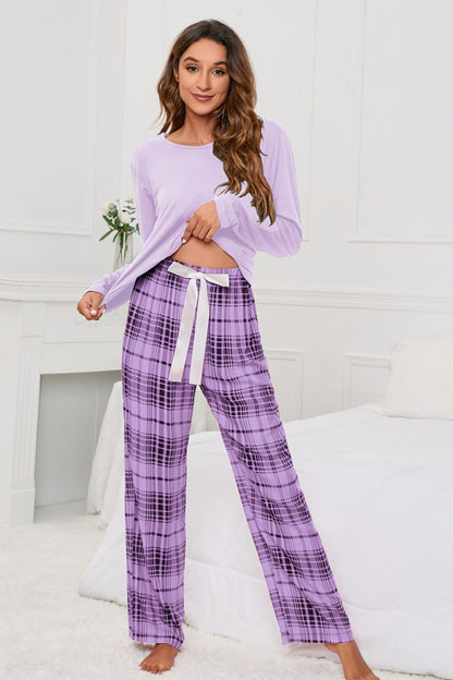 Round Neck Long Sleeve Top and Bow Plaid Pants Lounge Set - P Rubi's 