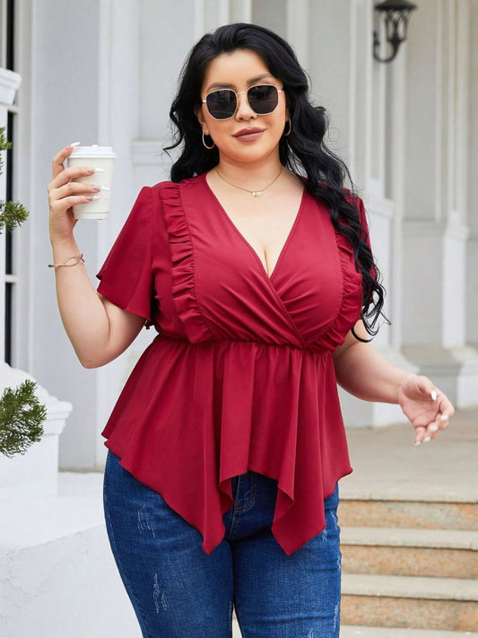 Plus Size Frill Surplice Flutter Sleeve Blouse - P Rubi's 