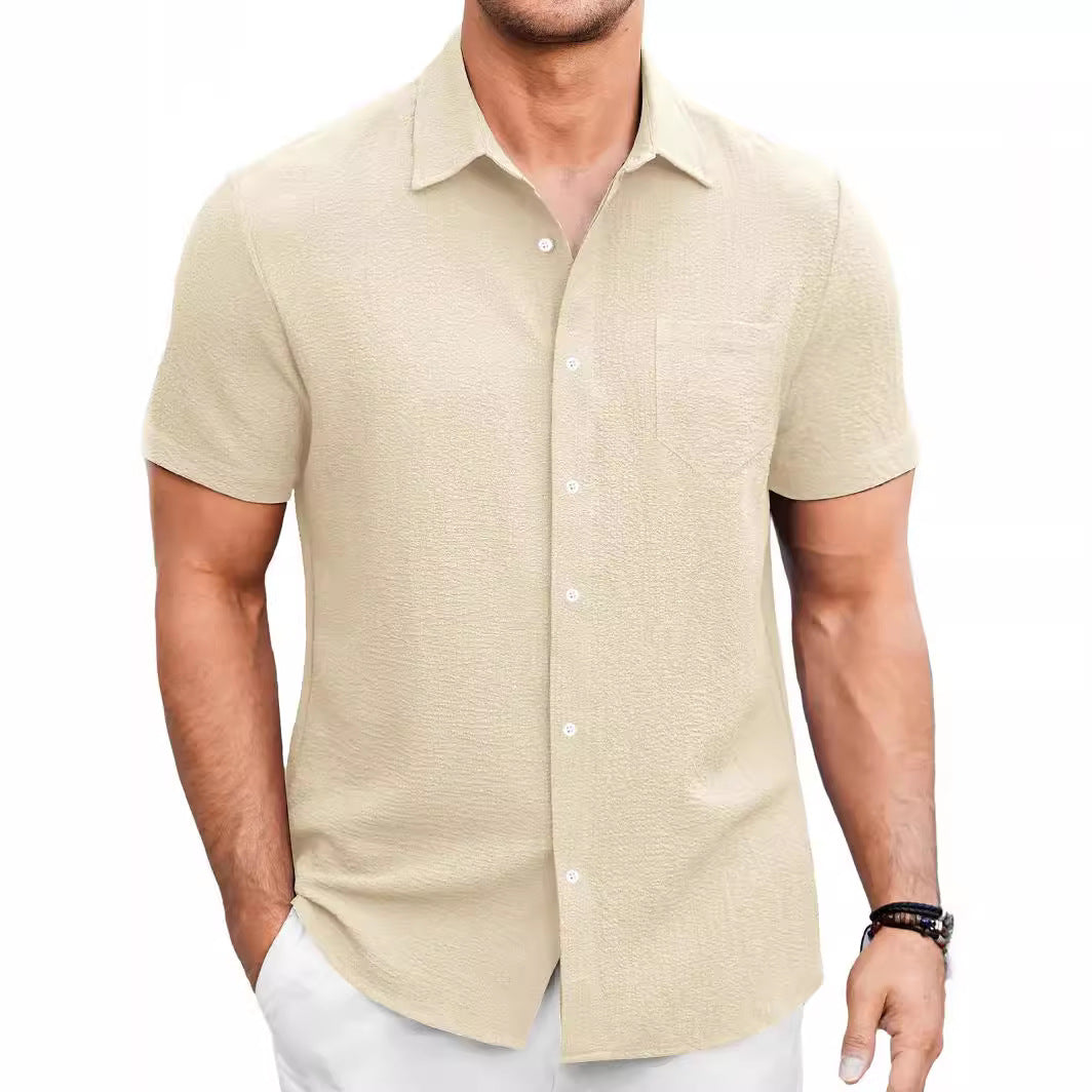 Men's Summer Solid Color Bubble Wrinkle Simple And Comfortable Daily Short Sleeve Shirt